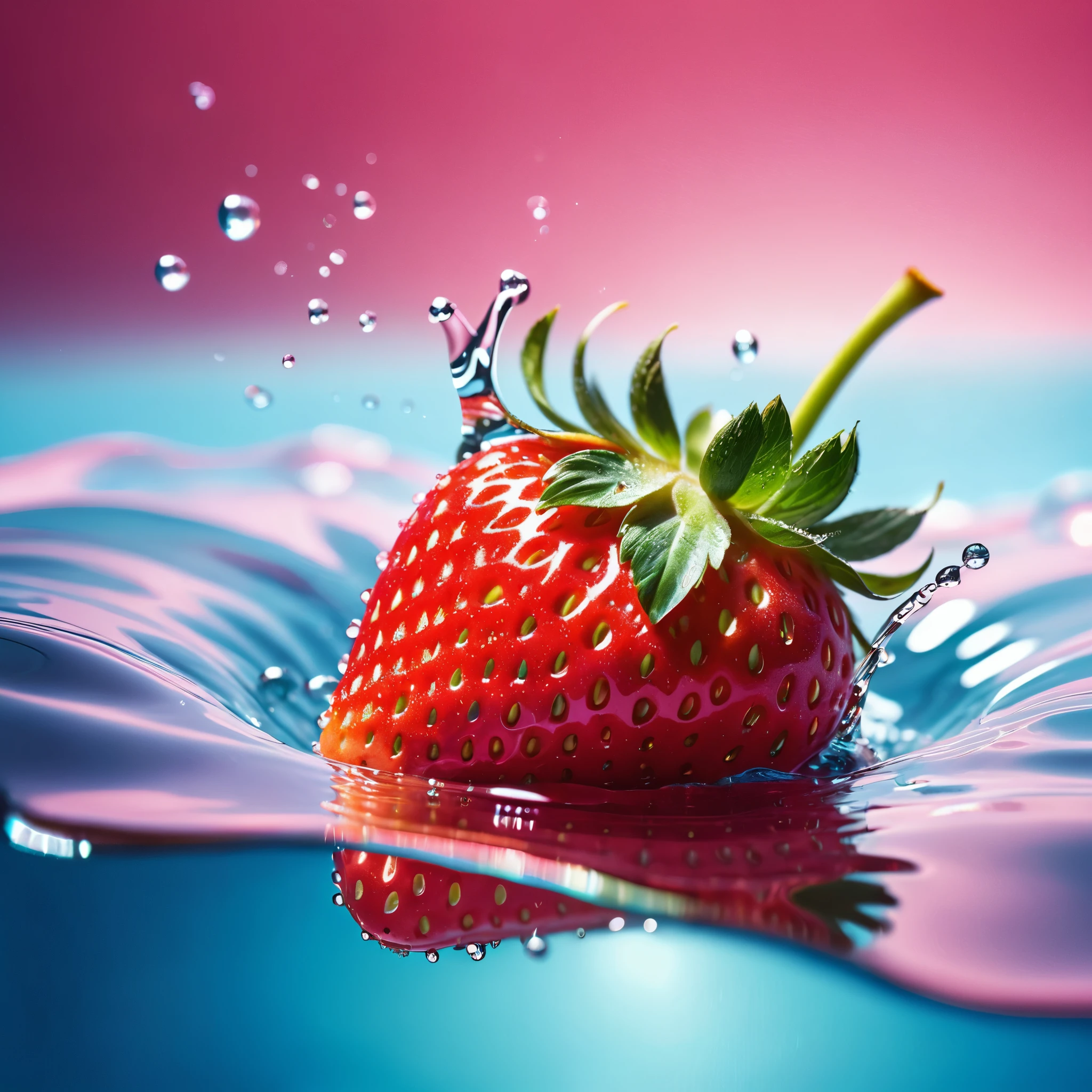 refreshing, vibrant glowing strawberry, floating in the water,  dew drops, pink lighting, glitters in the water, refreshing  , in the style of a product hero shot in motion, dynamic magazine ad image, photorealism, flowing water background, sunshine, sparkling in the water