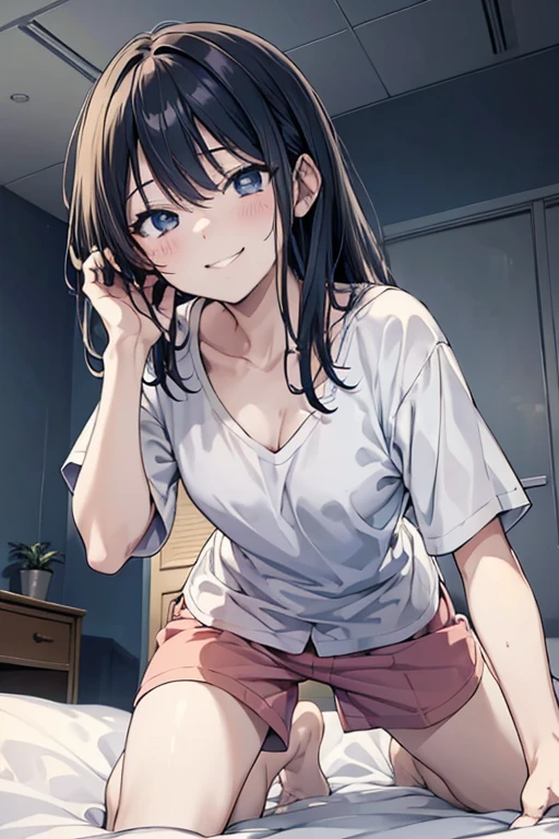 (masterpiece,Illustration Awards:1.3),Professional work,anime,Detailed face,Detailed Description,Blue tones,(Darker Room:1.3),From below,1girl,pov,perspective,Depth of Field,(Closest Face:1.3), BREAK (Teasing smile:1.3),Office Shirt,pajamas,Flat breasts,Thighs,(Half-open eyes,Squint eyes:1.3),(Petite,****),onbed,On all fours,Looking down,Kneeling, BREAK The face of the girl straddling my belly and staring at me is closest,Saddled on a man's stomach,