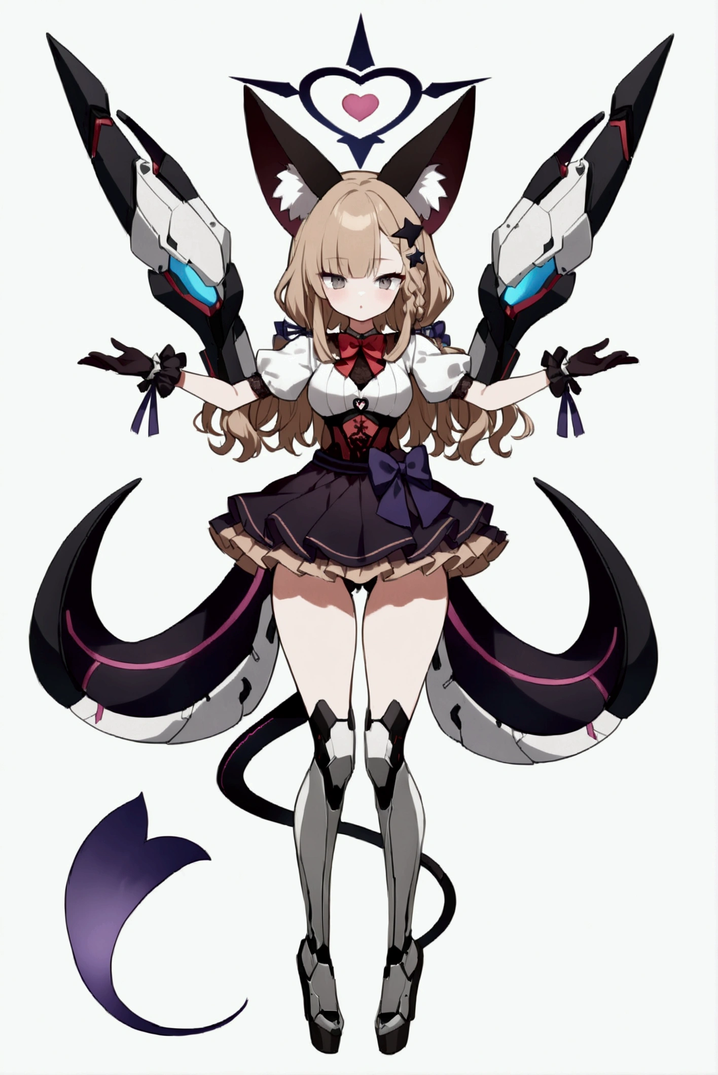 Woman 180cm tall, medium chest, wide hip, slim build, charming look, (dark blonde hair), ((hip length loose wavy hair, asymmetrical bangs, star hairpin)), (a short braid on the left and right side of the hair tied with an elegant purple ribbon), (small ribbons at the back of the hair), ((Gray eyes with a pink 4-pointed star in the pupil)), (two black fox ears located on the top of the head), (luminous black halo in the shape of a 4-pointed star on the head), ((It has a small black succubus tail that ends in the shape of a heart)), (((He has complex futuristic mechanical legs that reach up to his thighs., The legs are dark gray with small burgundy and black details))), (elegant thigh-length one-piece dress, small Vinotinto bowtie on the neck of the dress, white bust with vertical black lines, lace and ruffle skirt, short sleeves with ruffles, big bow on the back of the hip of the dress, ribbon decorations and star patterns on the dress), black ruffled gloves, Black platform heels, gray belt at the waist with a large ribbon with a luminous pink heart in the middle, black necklace with a heart pendant on the neck, (((character design sheet: front view))), ((whole body)), extremely detailed beautiful hair, beautiful detailed dress, extremely detailed arms, extremely detailed face, (Extremely detailed hands), perfect hands, small face, Beautiful detailed eyes, beautiful detailed lips, adorable, extremely detailed legs, (Best Quality, 8k, high resolution), ultra detailed, Exquisite and epic character art, ((White background)), (Focus on symmetry), (beautiful detailed succubus tail).