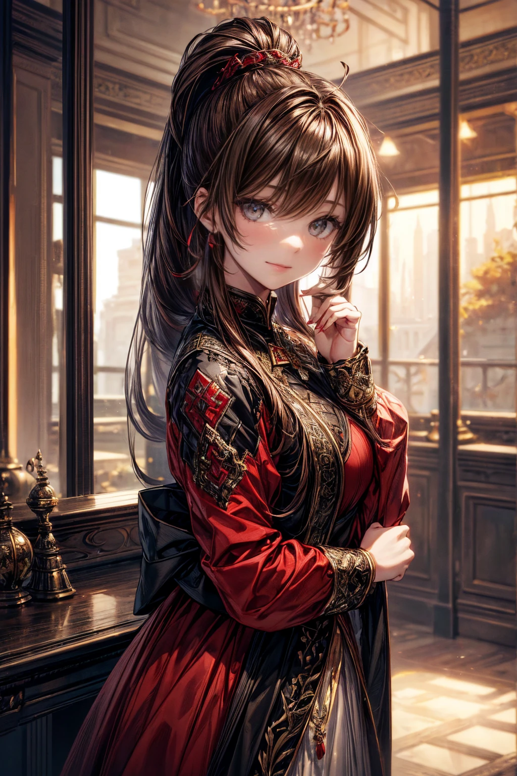(Highest quality), (masterpiece), (High resolution), (Intricate details:0.2),(Professional Lighting), room, Detailed Background, Red enamel bondage, , (Previous View), One girl, alone, (Beautiful Face:1.40), Fine skin, smile, Brown hair with long ponytail, Grey Eyes, (Triangle Trojan:1.10), View the viewer,