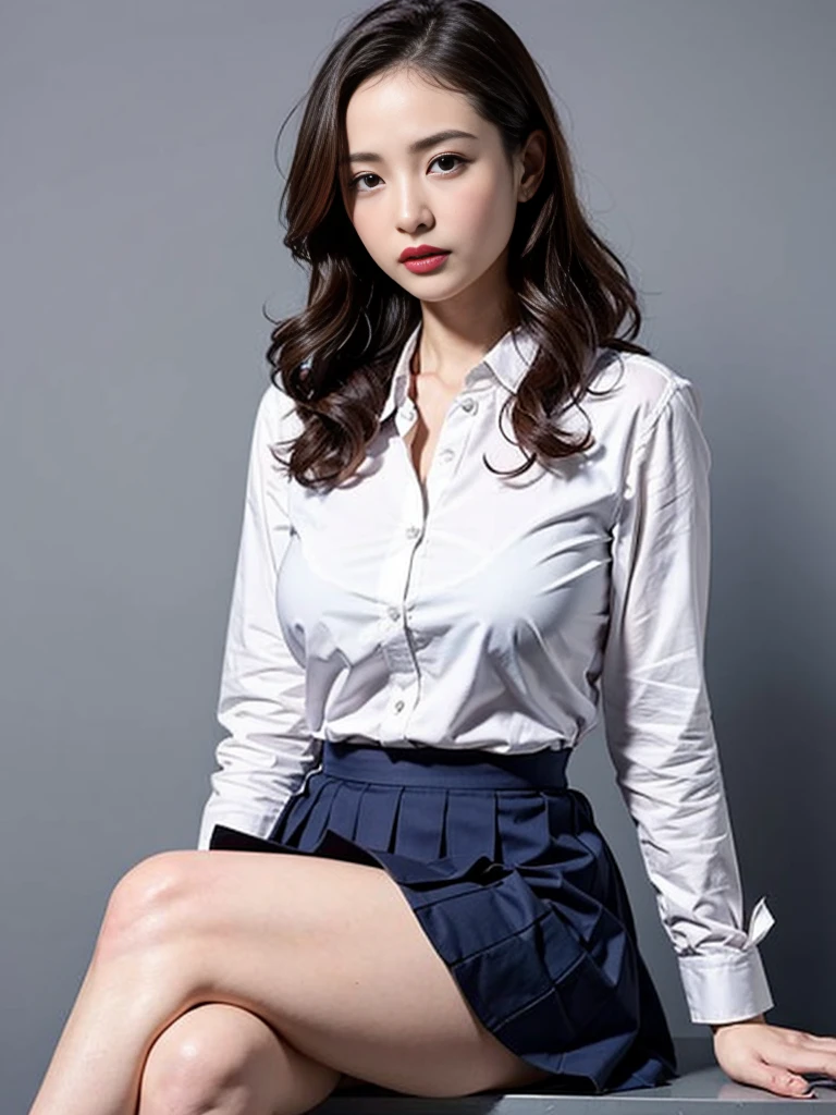 Gray background、pubic hair、Large Breasts、Thighs、Red lipstick、(((Glaring)))、Curly Hair、Disheveled Hair、Cute woman、high school girl、White shirt、Navy frill mini skirt、