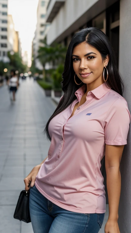 smiling woman with long black hair and earrings in front of a building, this person does not exist, latina, no facial features, mixed race woman, 30 year old woman, corpo curto, round cut, long and stocky, very busty, thick, no-makeup, simple feature, fatter, sobrepeso, chubby face, double chin, wearing a pink shirt and jeans, Broad Hips, thick-thighs, braços curtos e thicks, Short legs, alanis guillen-laura barriales-liana-kourtney kardashian-stephanie beatriz-lindsey shaw-luciana carro-janina gavankar-jami gertz-daniella alonso-shannon elizabeth-genevieve padalecki-kay canhão-melissa rycroft-cacee cobb mesclado, full body visible, all-body, hyperrealisti, best qualityer, 8k, real human skin, work of art, extremely complex, detailedeyes, face detailed, body detailed, exaggerated features, Pronounced features, Fujifilm