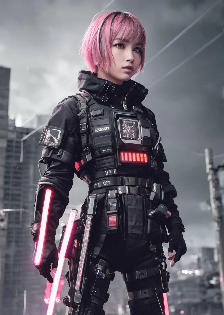 (ultra high res,photorealistic,realistic,best quality,photo-realistic),
(8k, raw photo, best quality, masterpiece),
technological sense, best quality, masterpiece, illustration,CG ,unity ,wallpaper, official art,
Amazing, finely detail, an extremely delicate and beautiful,extremely detailed,
highly detailed, sharp focus,rich background,
(real person,photograph),
((high detailed skin)),
((Cyberpunk,Future City,Night,Rainstorm)),Neon, Display Screen, Advertising, wires, waste,
1 girl,solo, cowboy shot,serioys,honorable,cold,grim,elegant Haughty,armoured,machinery,Tight combat uniform
(short hair,pink hair,thick bangs),(small breasts,Very thin),
(Mottled light and shadow,depeh of field,cool light), 