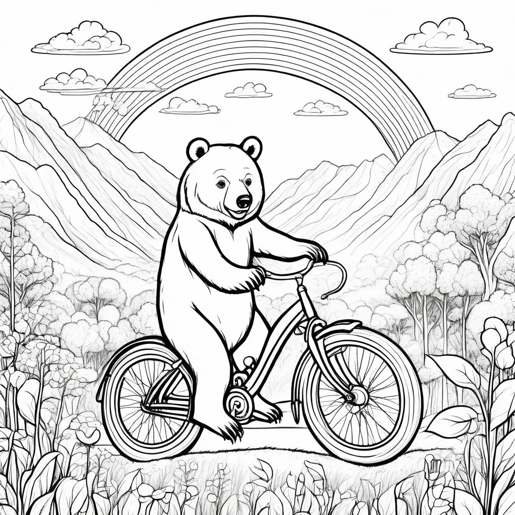 Bear coloring pages, whimsical bear rides a bicycle through a meadow with butterflies and birds, in a fantasy landscape with hills and a rainbow in the sky, joyful and magical feeling with a dreamy palette, illustration, storybook style digital art, --with 9:16 -- at 5