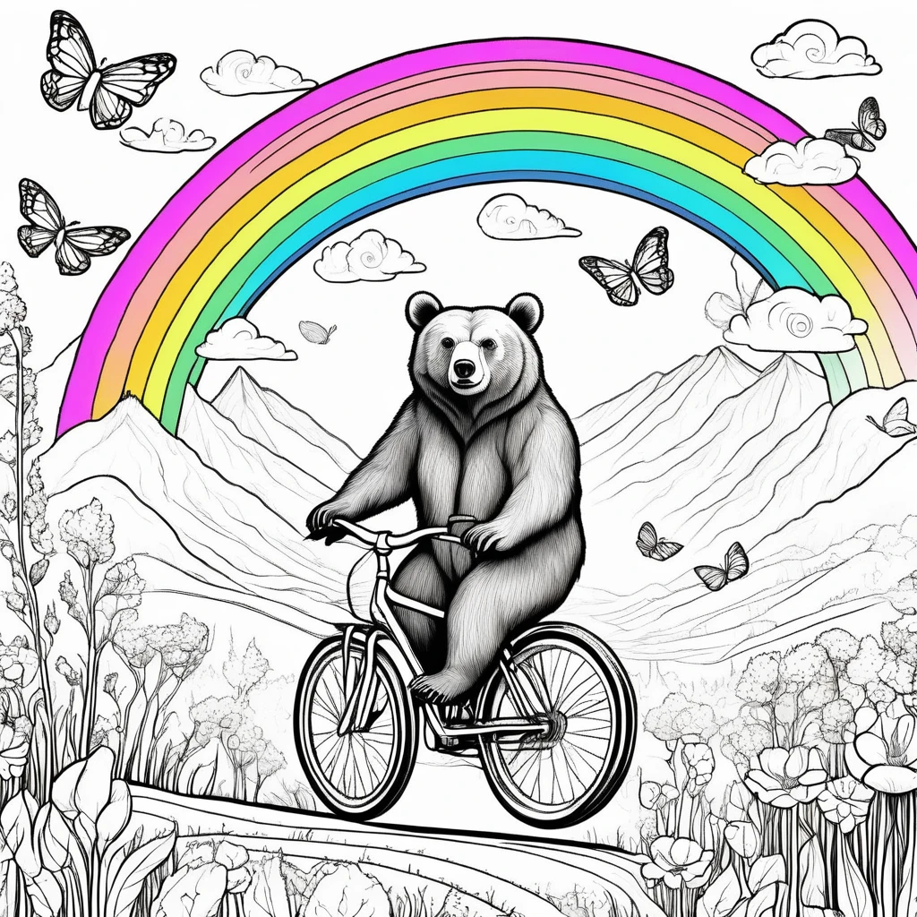 Bear coloring pages, whimsical bear rides a bicycle through a meadow with butterflies and birds, in a fantasy landscape with hills and a rainbow in the sky, joyful and magical feeling with a dreamy palette, illustration, storybook style digital art, --with 9:16 -- at 5