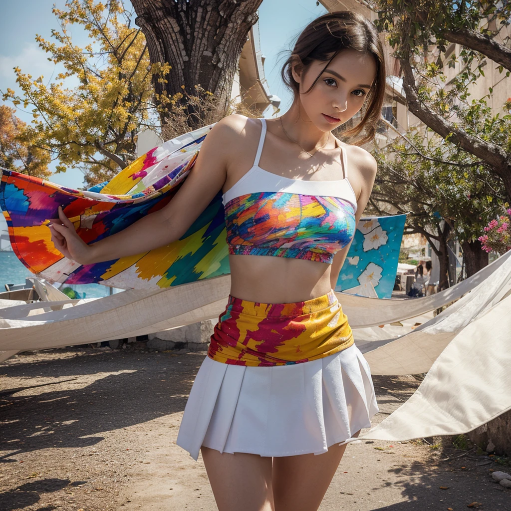 A unique piece of collage art and layer digital painting with what appears to be a collage of teared colorful clothes pieces, seamlessly blended with an abstract and surreal art style. Lady wears very short miniskirt and show her white panty to the public. Weather is windy. Her body is sexy.