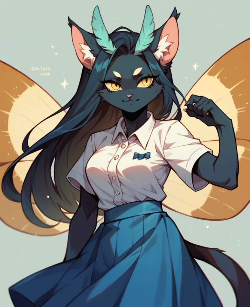 Solo female,Furry,Tuxedo cat,Yellow eyes,black long hair,her hair looks like the wings of a moth,A turquoise crown,White t-shirt,Blue skirt,,Black capri tights under the skirt