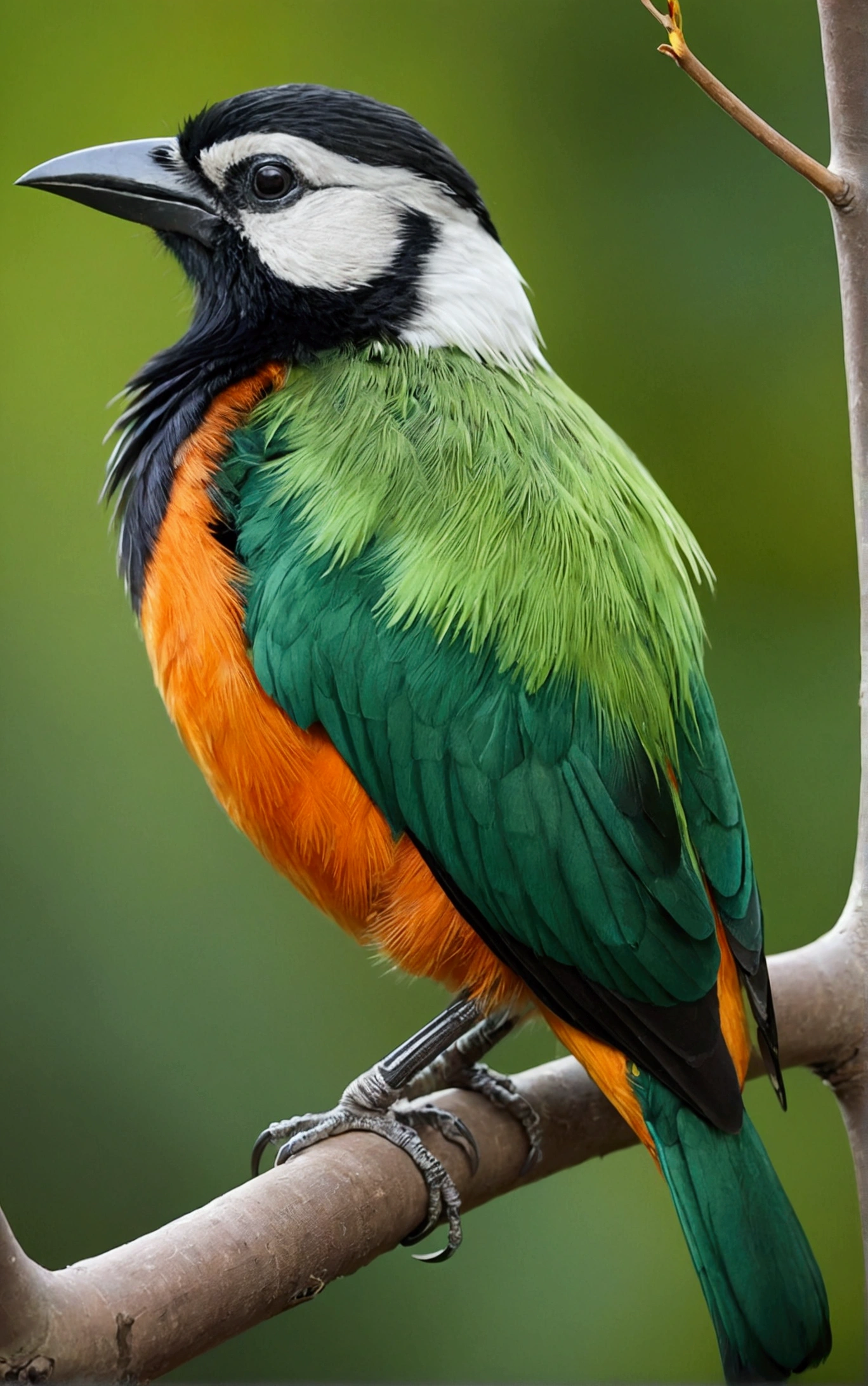 The image shows a colorful bird with white and green feathers. The bird has a black beak and is perched on a branch.