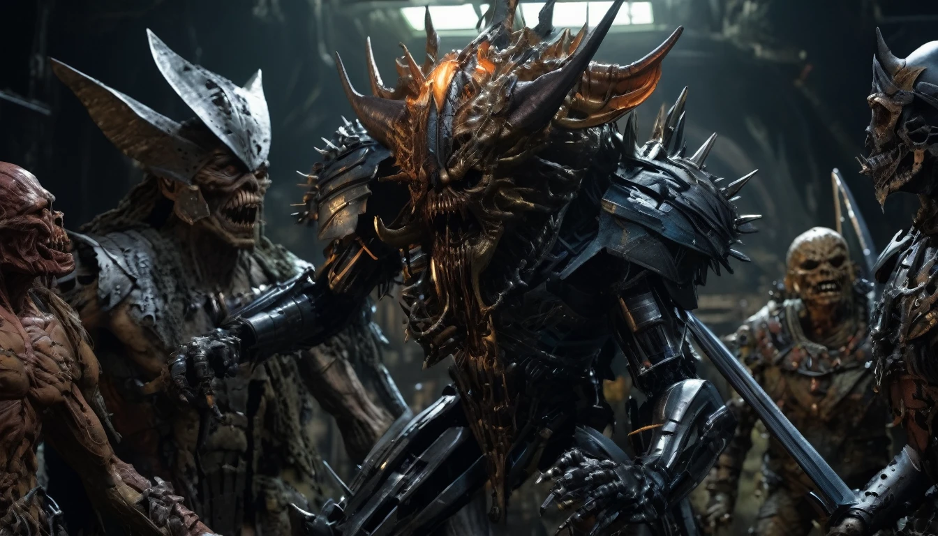 (3D rendering:3.1) in (medium full shot:3.1) of lot of characters from (metal hurlant magazine:3.1), inspired by style of Simon Bisley and Ed Binkley art, barbarian warriors in battles with swords and shields in external battlefield against space creatures, monsters, robots, daemons, aliens, mutant, explosions, fire (with Creepy, Sci-Fi, Fantasy and Horror:2.9), directed by ridley scott (Cinematic:3.1), horror movie, horrified, terrified, insane, disgusting, disturbing, Impactful, cgsociety, hyper-detailed, digital illusions, cyberspace, photorealistic, arts visuals. Ultra detailed, RAW photo, artstation style, concept art, (masterpiece:2.9), 8k, realistic textures, (3D rendering:3.1)