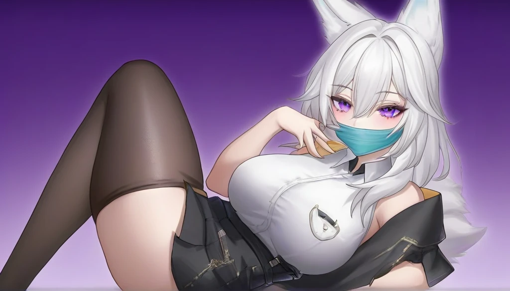 A 17-year-old girl with long, straight white hair and beautiful purple eyes. Her face is stunning, with lovely lips and a curvaceous figure. She has large breasts, a slender waist, and slightly wide hips, with smooth and toned thighs. She's wearing tight black stockings, a black skirt, and a white shirt, with a black cape draped over her shoulder. On one side of her face, she wears a kitsune-inspired mask. The overall style is reminiscent of anime and would be perfect for a Vtuber. The background is like a forest with purple trees as if it were a kitsune area. While she is tied and gagged with some stamp paper on her thigh and chest
