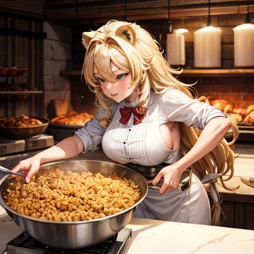 Blonde lion woman roasting meat in the oven A bowl of rice