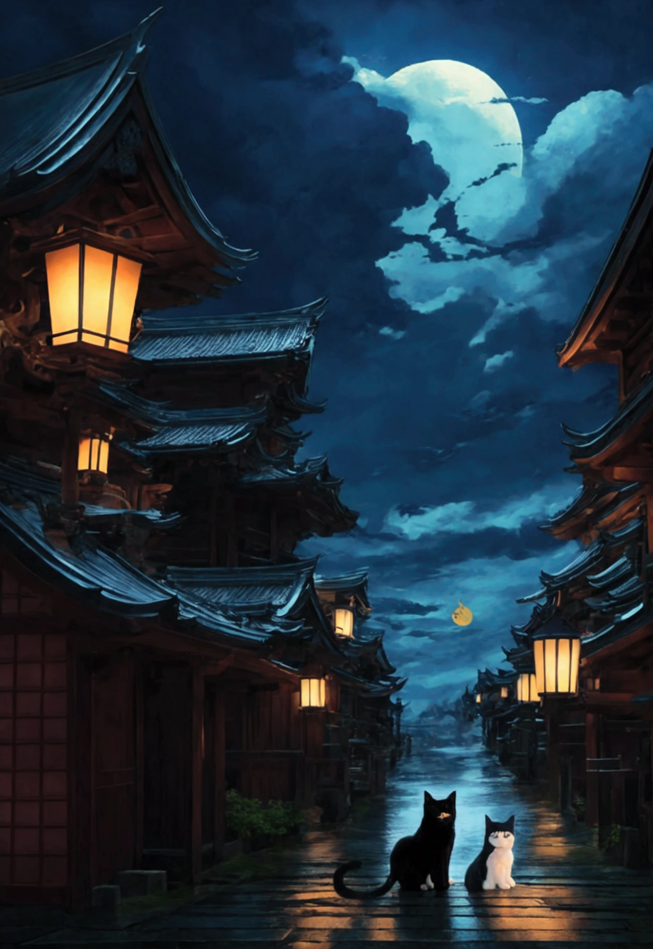Cat in the back、black cat、huge pussy、Studio Ghibli style、Japanese style、Japan、A shrine in the background、Temple、Wet day、Highest quality、Ultra-fine、Cloudy、anime、Show your back、Giant cat