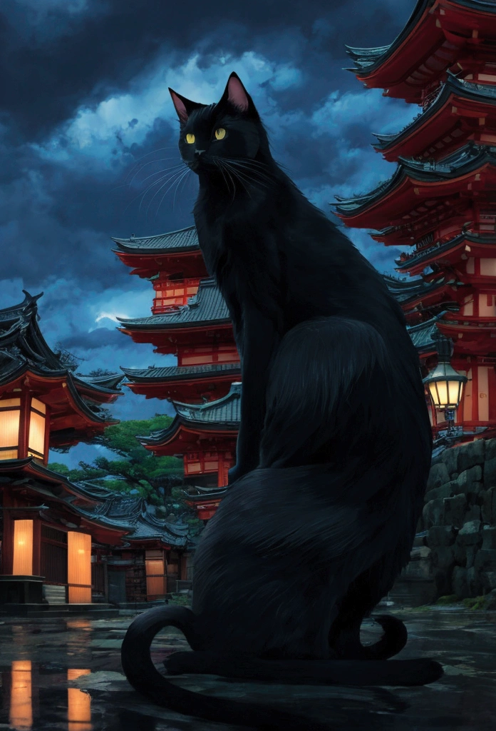 Cat in the back、black cat、huge pussy、Studio Ghibli style、Japanese style、Japan、A shrine in the background、Temple、Wet day、Highest quality、Ultra-fine、Cloudy、anime、Show your back、Giant cat