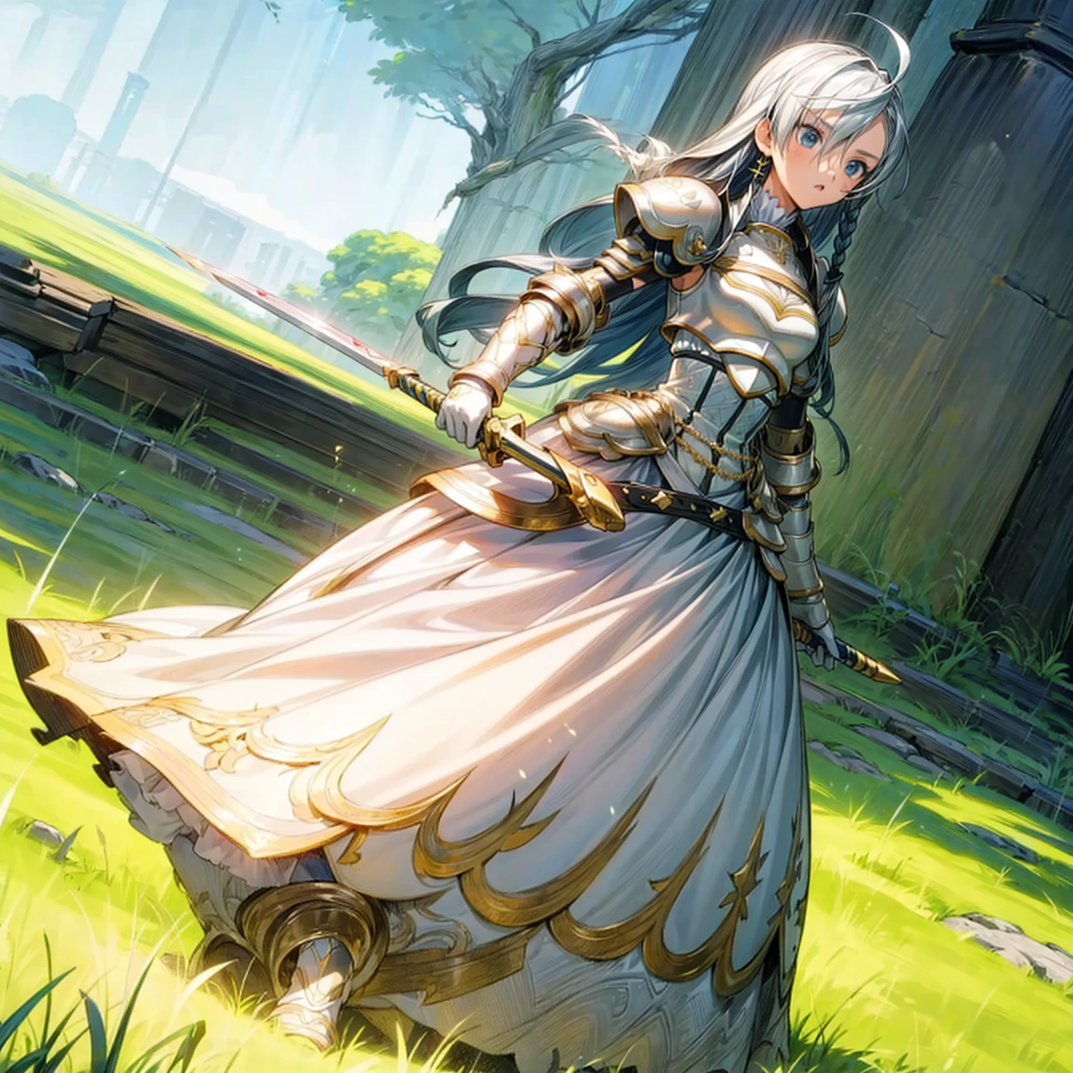 1girl, Full body version, 1character, children version, blue eyes color, long haircut, white colour hair, formal style clothing, medieval gold armour, one gold sword in hand, Grassroots, background in green field, motion blur, battle gesture, lighting sword, smoke, fire lighting, fire, masterpiece, (Hunter x Hunter style art)