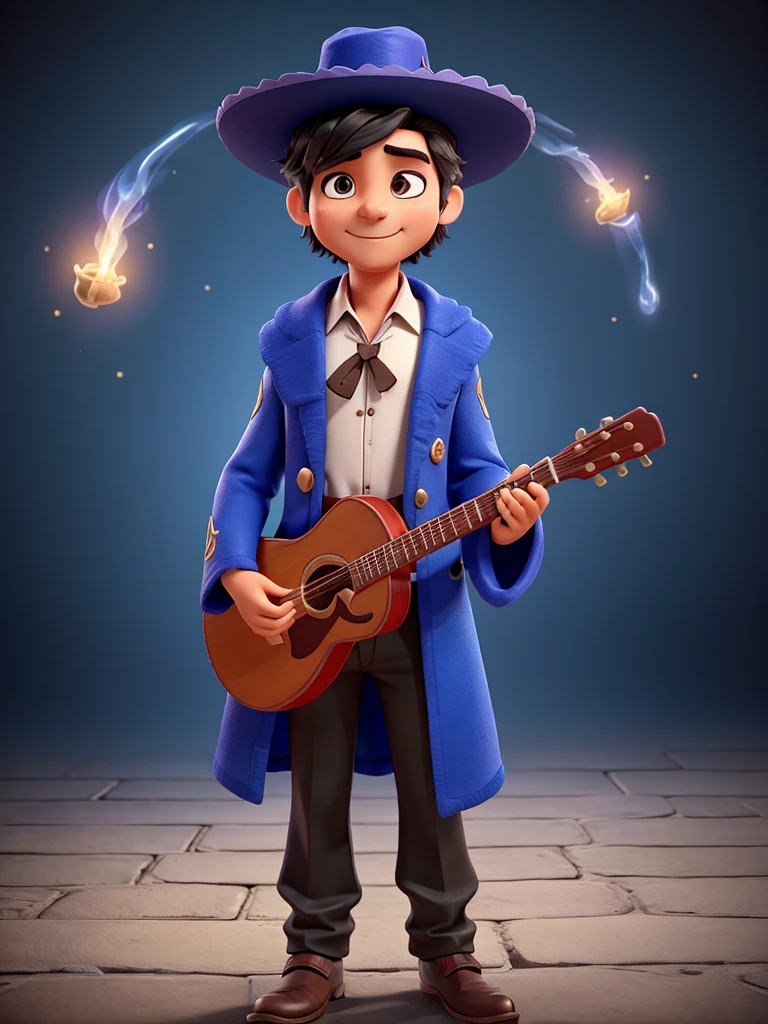 Play a male healer wizard character, create a combination of magician and mariachi clothing, dessert details, black hair, generates a big hat, place a guitar, do not multiply the instrument