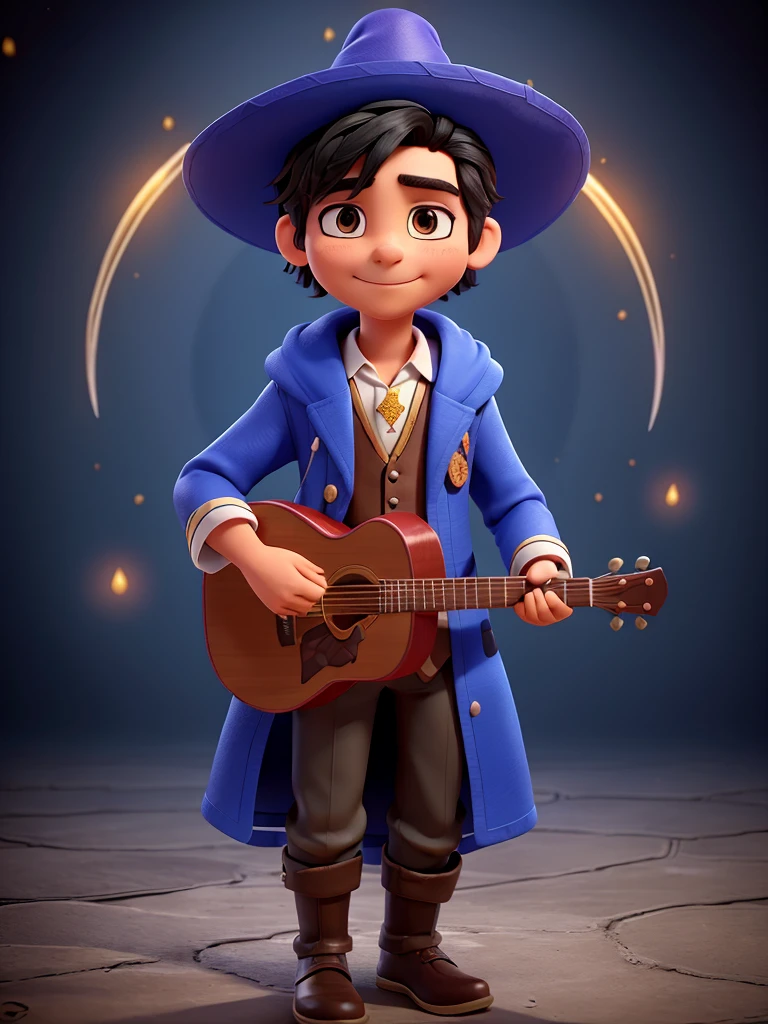 Play a male healer wizard character, create a combination of magician and mariachi clothing, dessert details, black hair, generates a big hat, place a guitar, do not multiply the instrument 