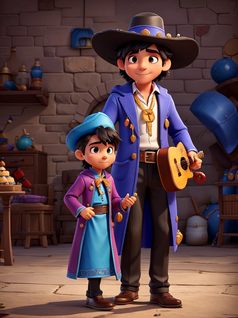 Play a male healer wizard character, create a combination of magician and mariachi clothing, dessert details, black hair, generates a big hat, place a guitar, do not multiply the instrument 