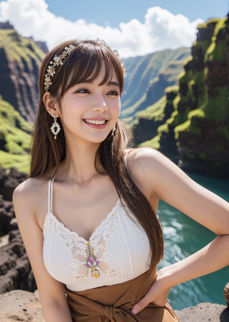 Eat pancakes,Flat Chest、(Slim body)、((Slim body))、Long Hair,bangs,,masterpiece,diamond、Earrings,background of fantasy,(((Brown Hair)))、 hair ornaments,Headband,(Brown Hair), White tank top、Waimea Canyon、There is a rainbow in the sky、Hawaii、 Highest quality, High resolution, unity 8k wallpaper, (shape:0.8), (Beautiful details:1.6), Highly detailed face, Sing happily、looking at the camera、laugh、smile、whole body、