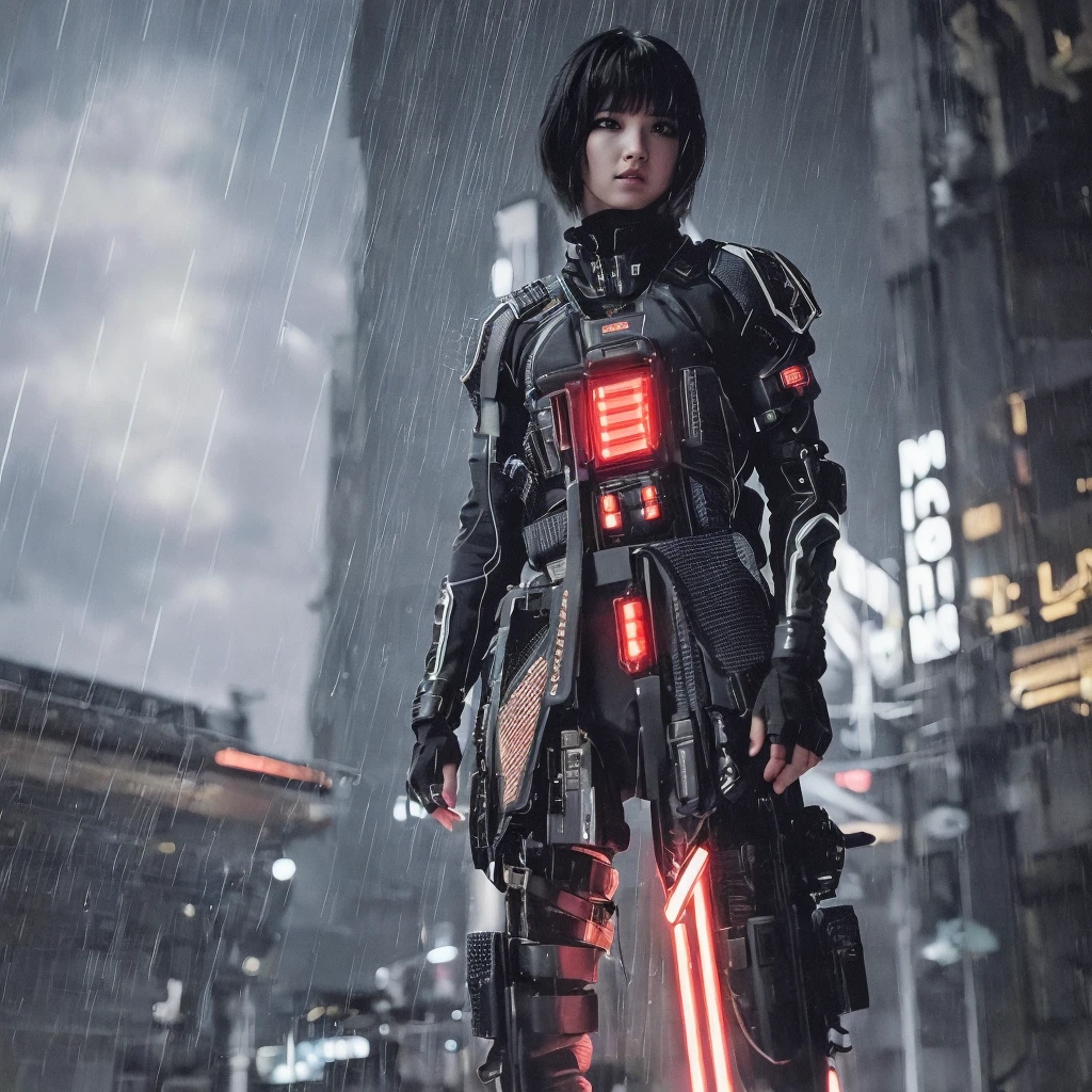 (ultra high res,photorealistic,realistic,best quality,photo-realistic),
(8k, raw photo, best quality, masterpiece),
technological sense, best quality, masterpiece, illustration,CG ,unity ,wallpaper, official art,
Amazing, finely detail, an extremely delicate and beautiful,extremely detailed,
highly detailed, sharp focus,rich background,
(real person,photograph),
((high detailed skin)),
((Cyberpunk,Future City,Night,Rainstorm)),Neon, Display Screen, Advertising, wires, waste,
1 girl,solo, cowboy shot,serioys,honorable,cold,grim,elegant Haughty,armoured,machinery,Tight combat uniform
(short hair,pink hair,thick bangs),(small breasts,Very thin),
(Mottled light and shadow,depeh of field,cool light),