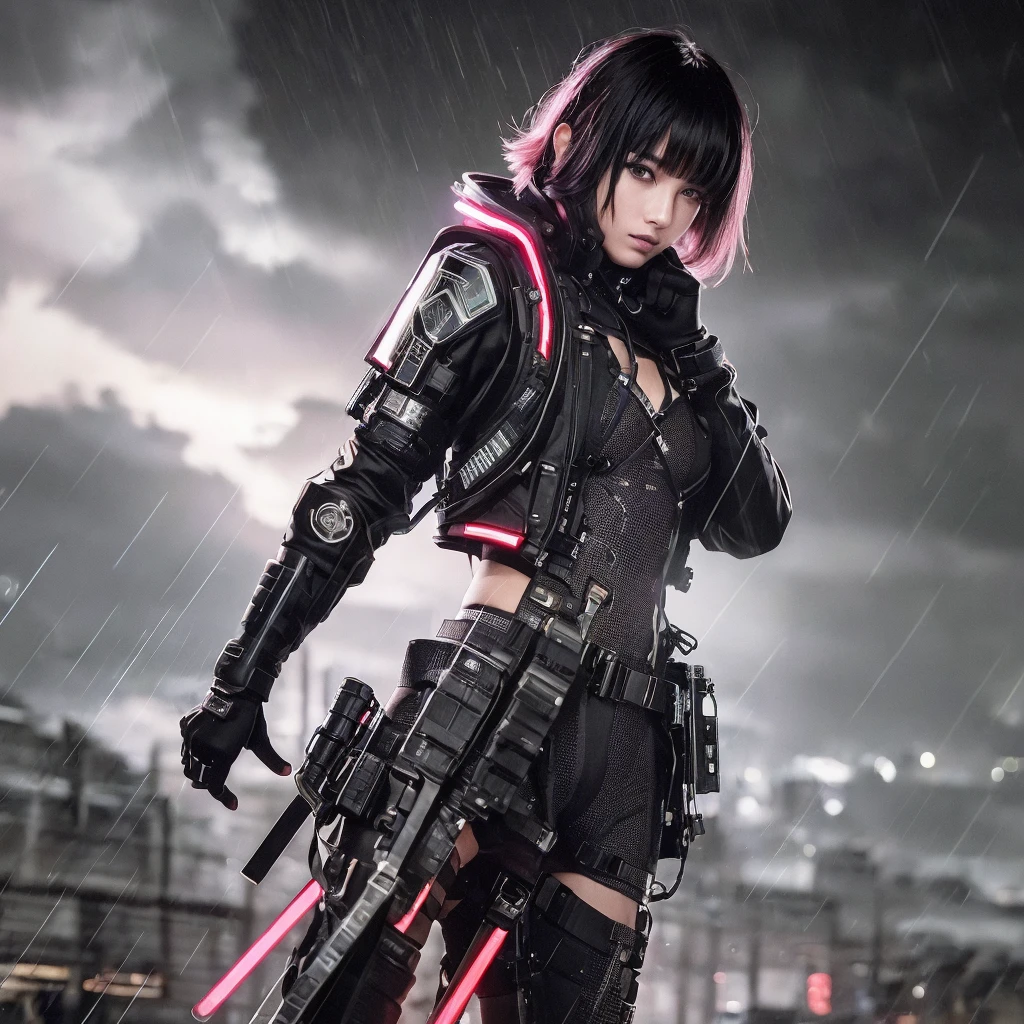 (ultra high res,photorealistic,realistic,best quality,photo-realistic),
(8k, raw photo, best quality, masterpiece),
technological sense, best quality, masterpiece, illustration,CG ,unity ,wallpaper, official art,
Amazing, finely detail, an extremely delicate and beautiful,extremely detailed,
highly detailed, sharp focus,rich background,
(real person,photograph),
((high detailed skin)),
((Cyberpunk,Future City,Night,Rainstorm)),Neon, Display Screen, Advertising, wires, waste,
1 girl,solo, cowboy shot,serioys,honorable,cold,grim,elegant Haughty,armoured,machinery,Tight combat uniform
(short hair,pink hair,thick bangs),(small breasts,Very thin),
(Mottled light and shadow,depeh of field,cool light),