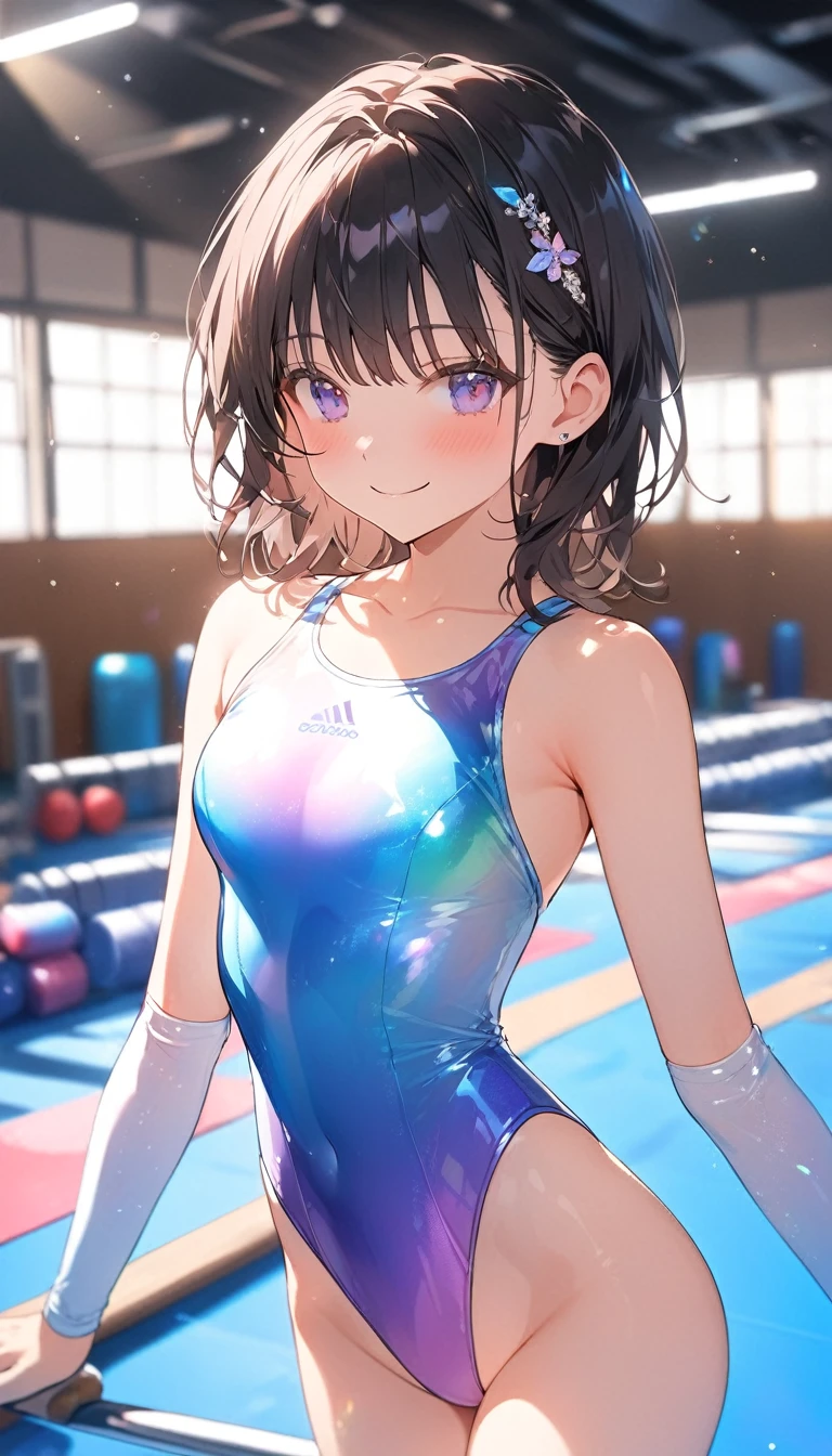 highquality illustration, masterpiece, very delicate and beautiful, attractive girl,(gymnastics leotard,long sleeve leotard with glittery decoration,high_leg leotard,athletic leotard,tight-fit leotard,iridescent gradient leotard,long-sleeve leotard),thin,slender body,slim,high school,gymnasium background,gymnastics club,gymnastics athlete,princess, beautiful eyes,light smile,(masterpiece, best quality:1.2), highres, extremely detailed CG unity 8k wallpaper, perfect lighting, Colourful, ultra-high res,4K,ultra-detailed, photography, 8K, HDR, 17 ages,cowboy shot,