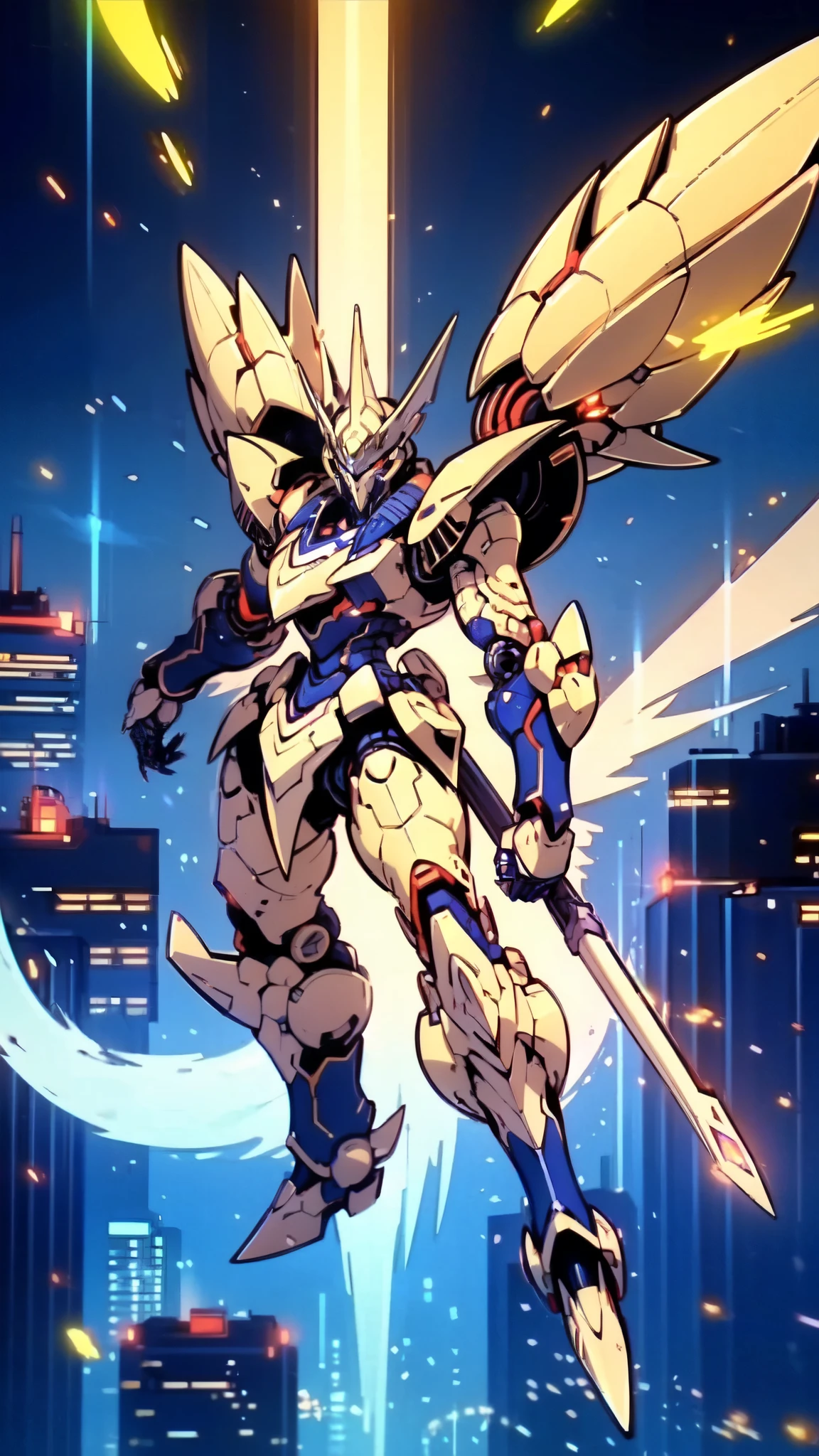 (masterpiece:1.5, best quality:1.5, extremely delicate:1.5), humanoid Mecha, fully enclosed shoulder guards, matching arm and leg guards, full body, full armor, the design balances heavy with agility, (the color scheme is primarily white with red and blue accents, the concept Inspired by Super robot, organic biotech armor, standing, floating high above the futuristic sci-fi city), exquisite and mature art style, (aura effect, energy, glowing eyes, the armor glows), ((RRS:1.2)), metallic, dramatic, high definition, highres, ultra-detailed, ultra-fine painting, professional, perfect body proportions, anatomically correct, symmetrical face, extremely detailed eyes and face, high quality eyes, creativity, RAW photo, UHD, 32k, Natural light, cinematic lighting, masterpiece-anatomy-perfect