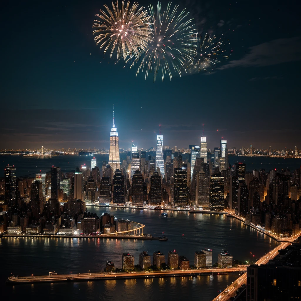 A dazzling nighttime view from 12th Avenue in New York City, capturing the skyline illuminated by a spectacular fireworks display. The fireworks burst in vibrant colors above the Hudson River, the vbiew is from the boardwalk next to the river hudson with reflections dancing on the water. In the foreground, the bustling streets are filled with people stopping to watch the show, with a mix of city lights and traffic creating a lively atmosphere. The silhouettes of iconic buildings like the Empire State Building and the One World Trade Center add to the dramatic backdrop, blending the urban energy with the festive celebration