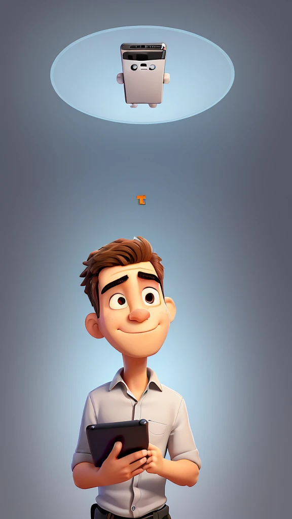 .Looking up at him, he might be holding a smartphone or tablet, symbolizing the modern world of internet and work-life balance.