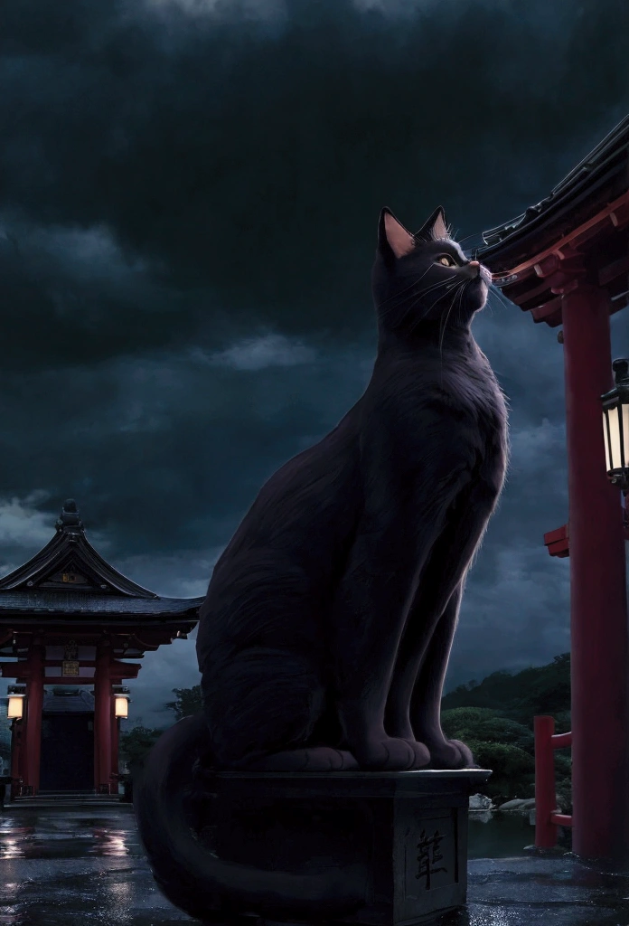 Cat in the back、black cat、huge pussy、Studio Ghibli style、Japanese style、Japan、A shrine in the background、Temple、Wet day、Highest quality、Ultra-fine、Cloudy、anime、Show your back、Giant cat