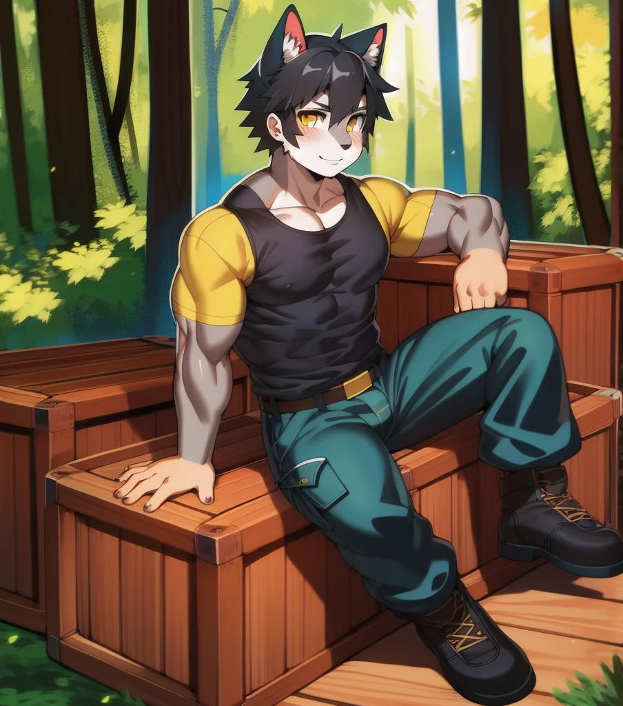 by jijis-waifus,(by pgm300:0.5),best quality,masterpiece,forest,crate,sitting,solo,adult,muscular male,male,cat,feline,short hair,black hair,yellow eyes,gray body,cargo pants,shirt