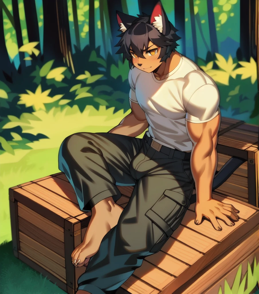 by jijis-waifus,(by pgm300:0.5),best quality,masterpiece,forest,crate,sitting,solo,adult,muscular male,male,cat,feline,short hair,black hair,yellow eyes,gray body,cargo pants,shirt