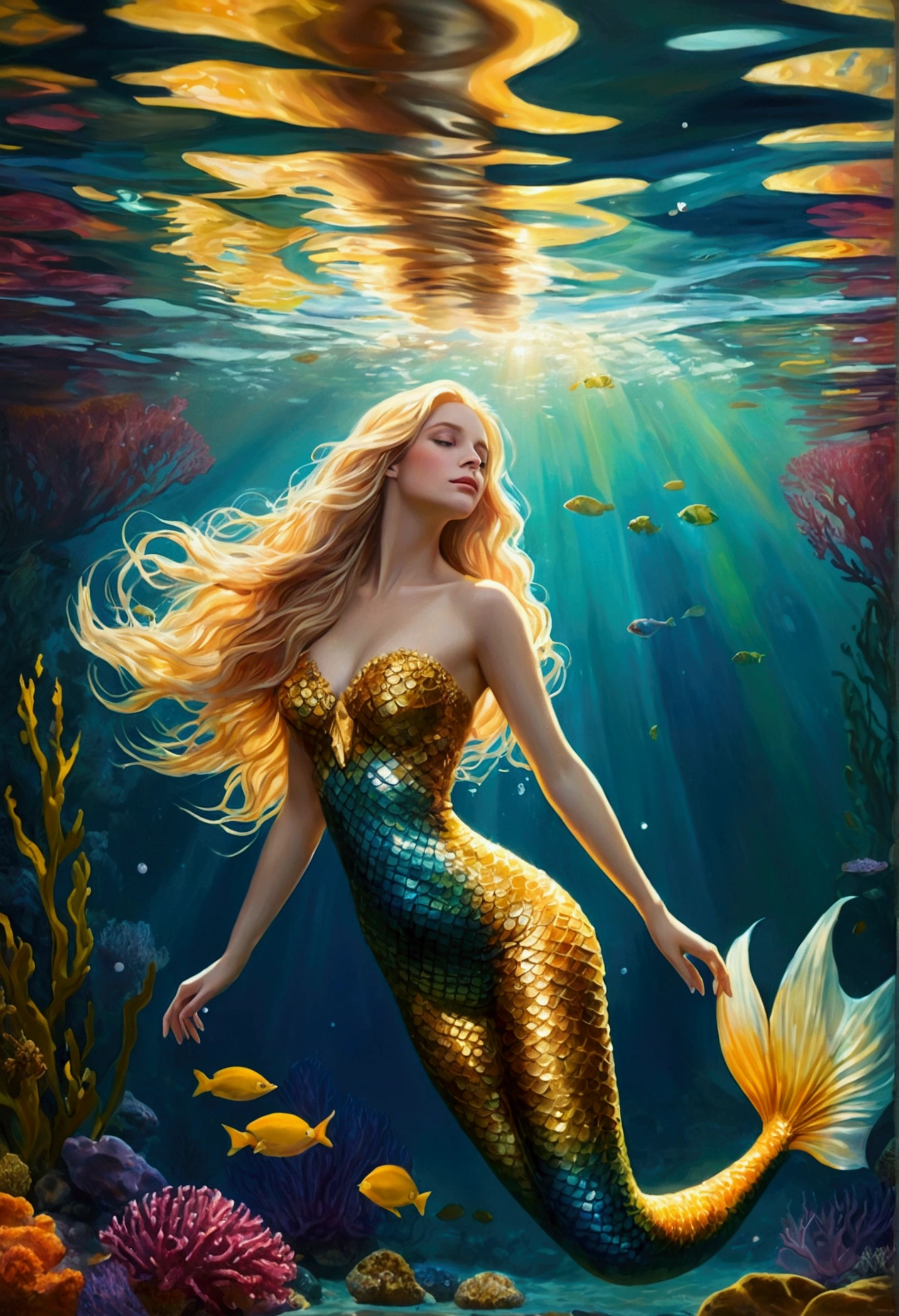 Oil painting, impressionism. Long shot, a Mermaid (full body) swims in the water. her form reflects below the surface of the water. Golden rays of the Sun illuminate the seabed. Digitally illustrated, beautiful long blonde hair and angelic face, 16k, extremely high quality rendering, amazing realism, bokeh, very detailed, detailed background with colorful corals & exotic fish, blooming algae and air bubbles reflecting all colors.