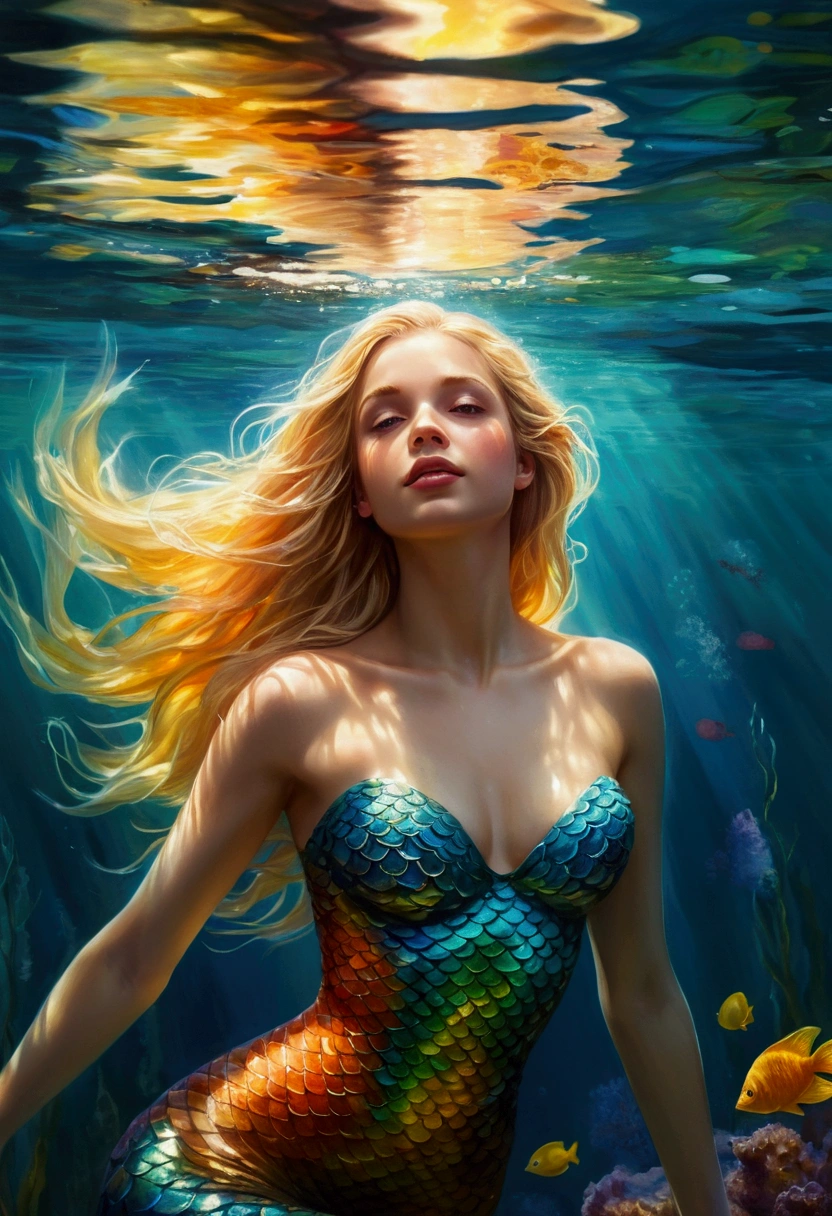 Oil painting, impressionism. Long shot, a Mermaid (full body) swims in the water. her form reflects below the surface of the water. Golden rays of the Sun illuminate the seabed. Digitally illustrated, beautiful long blonde hair and angelic face, 16k, extremely high quality rendering, amazing realism, bokeh, very detailed, detailed background with colorful corals & exotic fish, blooming algae and air bubbles reflecting all colors.