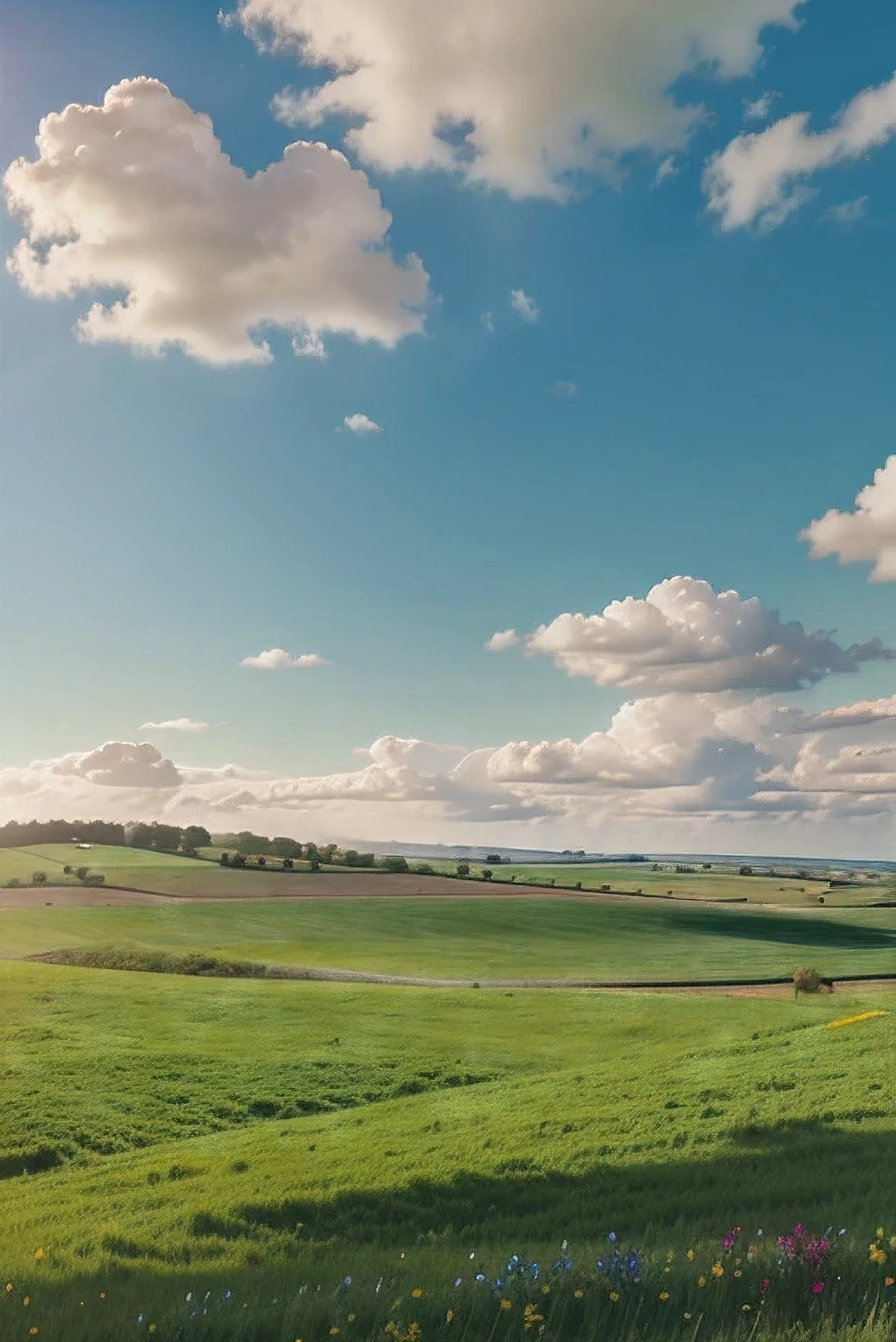 a painting of a green field with a blue sky in the background, straight line of horizon, multicolored flowers, farm field background, meadow background, field background, windows xp, windows xp wallpaper, windows xp background, farm background, windows xp bliss wallpaper, sunny sky background, steppe background, landscape background, blue sky and green grassland, sunny day background, clear sky background, landscape wallpaper, clear summer sky background