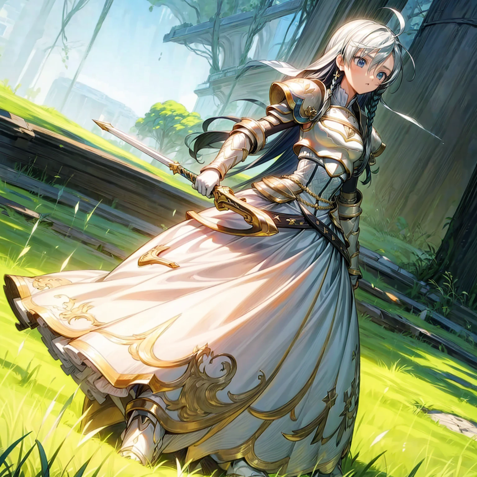 1girl, Full body version, 1character,  version, blue eyes color, long haircut, white colour hair, formal style clothing, long dress, medieval gold armour, one gold sword in hand, Grassroots, background in green field, motion blur, battle gesture, lighting sword, smoke, fire lighting, fire, masterpiece, (Hunter x Hunter style art)