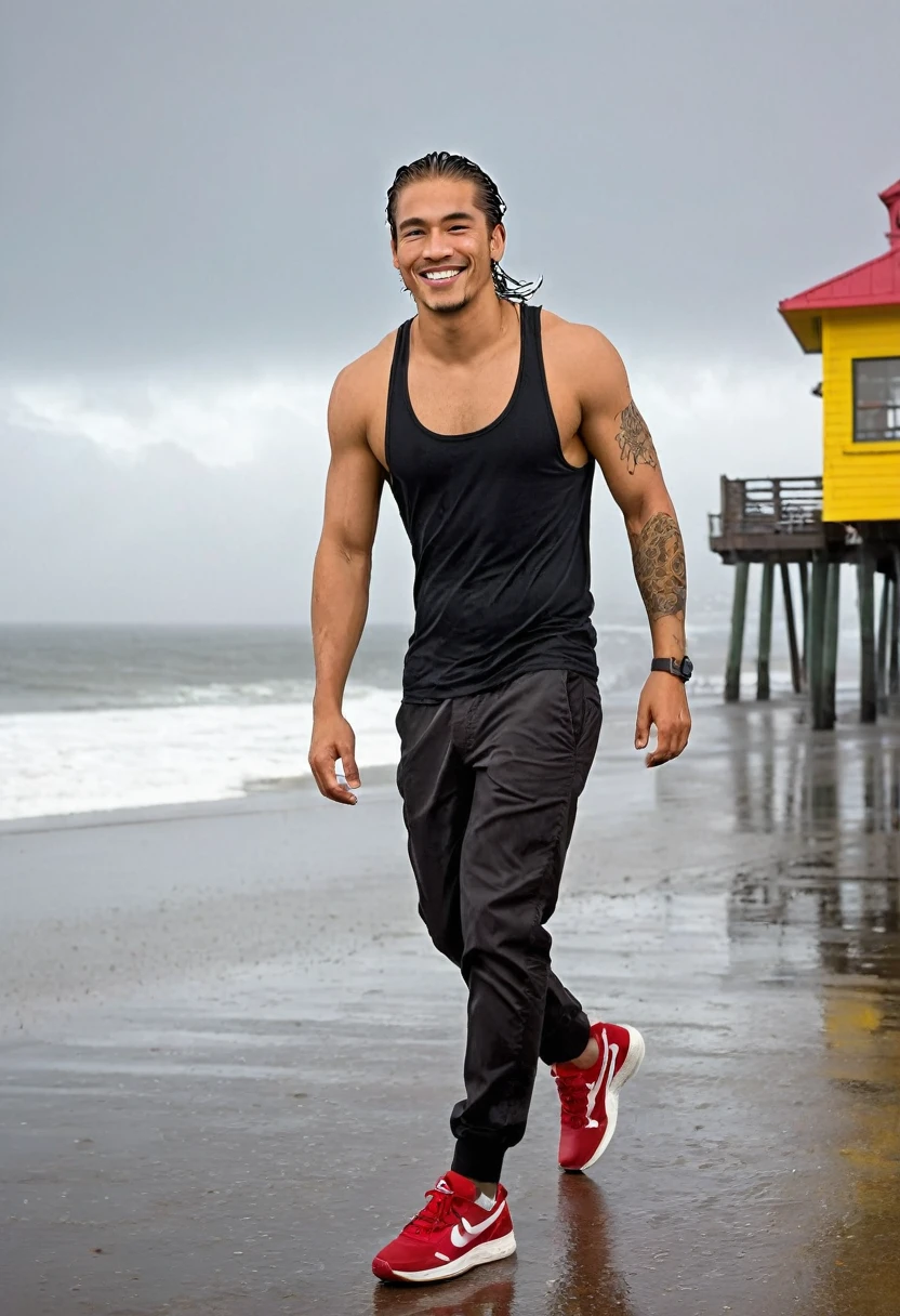 Make a 25 year old man out of 1.70 tall ,with an athletic physique with strong arms and defined chest , entire left arm with Samoan tattoos , long light brown hair with a smile , black pants and red tennis shoes , in the background that he is walking in the rain on the Santa Monica Pier Route 66, very light brown loose hair, White skin , eyes the color of honey , of mexican traits from cdmx , Make it look good that you are in Santa Monica , and the defined rain can be seen well , no shirt , and with a watch on his right arm , very handsome, remember white skin, and on his side a person of 1.93 cm tall with the same description but with short hair , and in the middle of them a woman with good blonde curves and a good butt and small bust