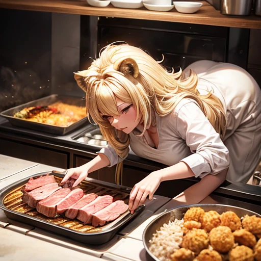 Blonde lion woman roasting meat in the oven　A bowl of rice