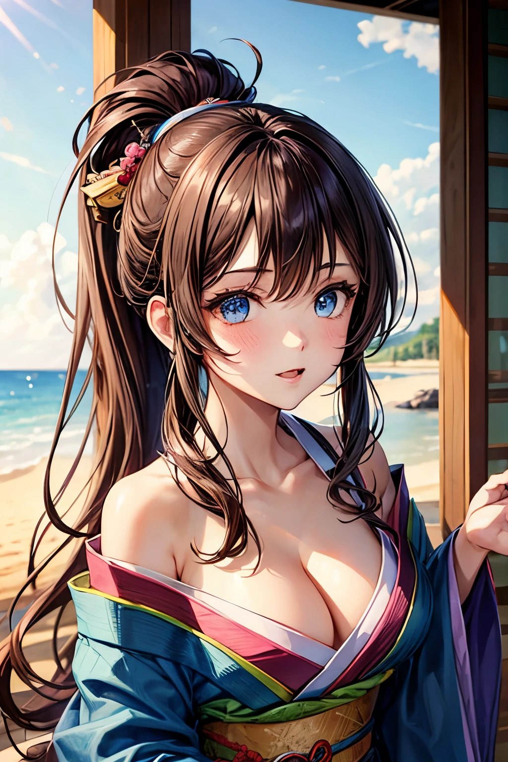 1girl, brown long hair, blue eyes, ponytail, kimono, cleavage