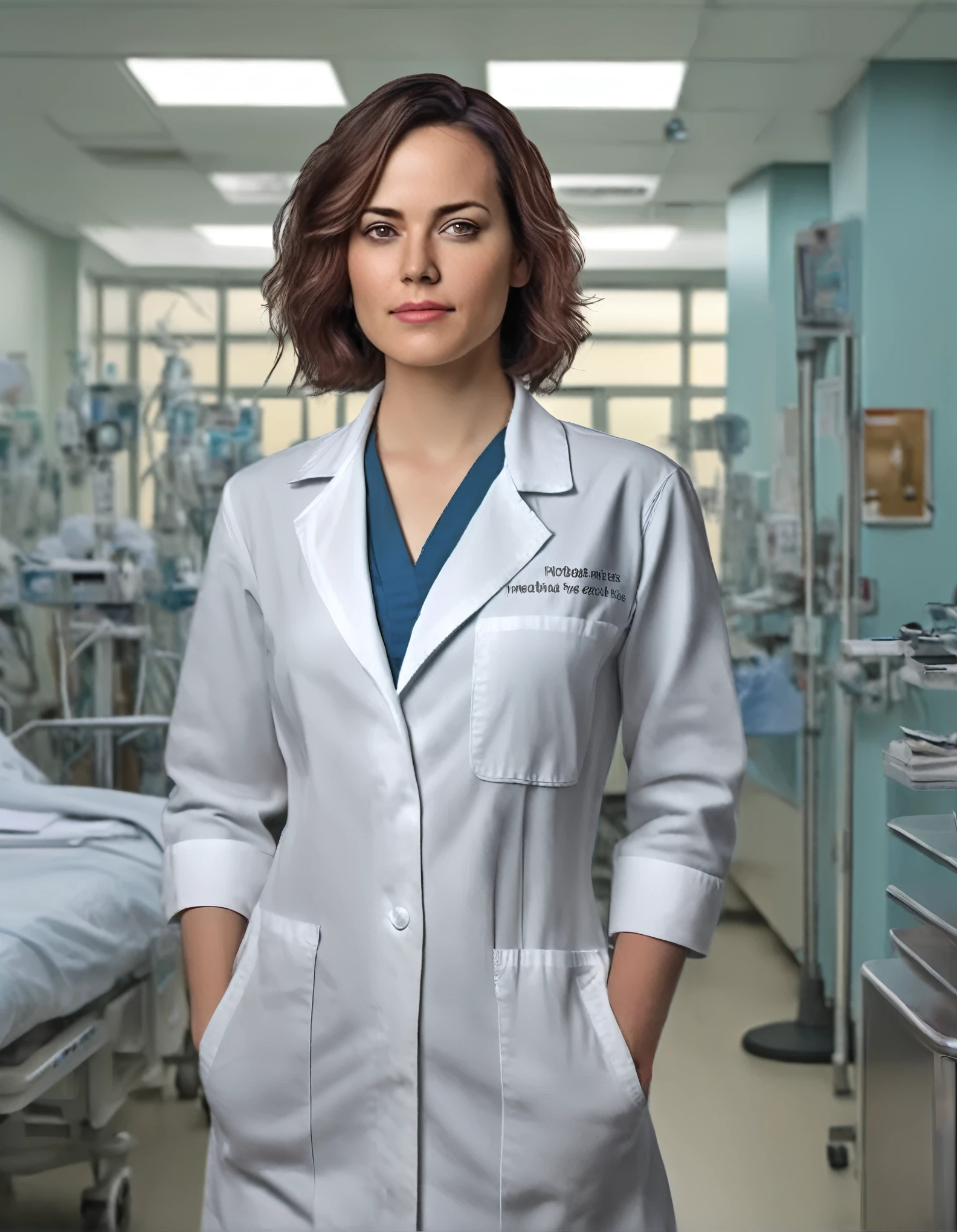 tight clothing,a (full height:1.4) digital painting of (ahwx woman:1.1)  as head doctor in a busy hospital, looking at the camera, ahwx, A short, voluminous bob with waves., cinematic lighting, epic, inspirational, HDR, highy detailed, film composition,