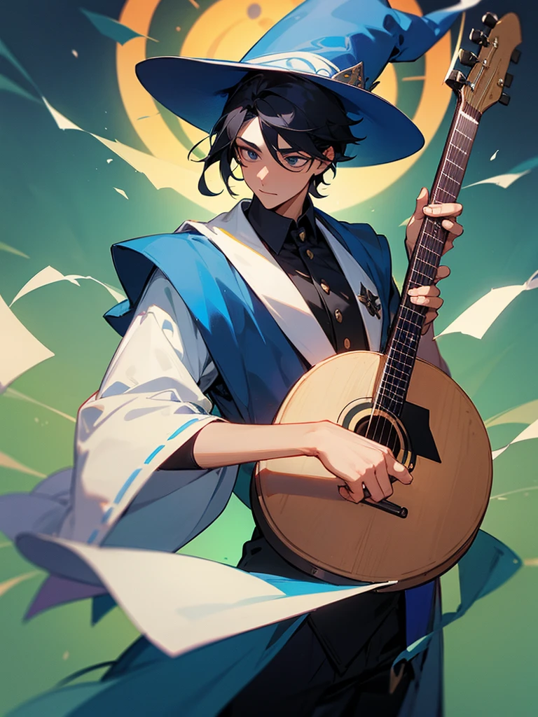 Play a male healer wizard character, create a combination of magician and mariachi clothing, dessert details, black hair, generates a big hat, place a guitar, do not multiply the instrument 