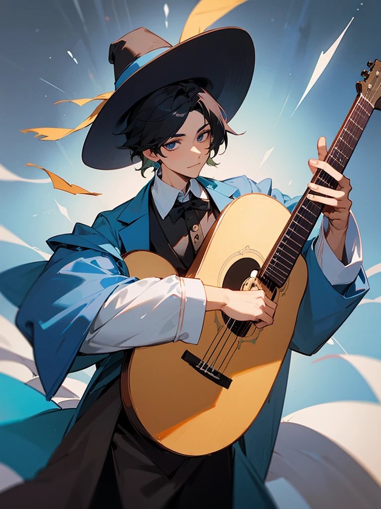 Play a male healer wizard character, create a combination of magician and mariachi clothing, dessert details, black hair, generates a big hat, place a guitar, do not multiply the instrument