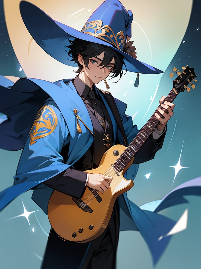 Play a male healer wizard character, create a combination of magician and mariachi clothing, dessert details, black hair, generates a big hat, place a guitar, do not multiply the instrument 