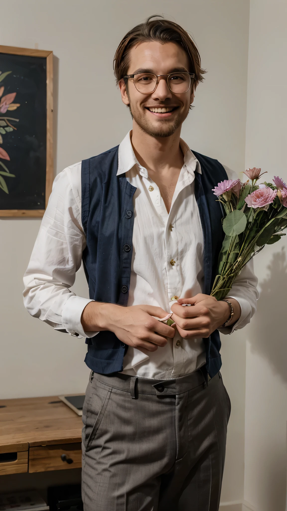 hipster man, wearing shirt and trousers, holding flowers in the hands, smile