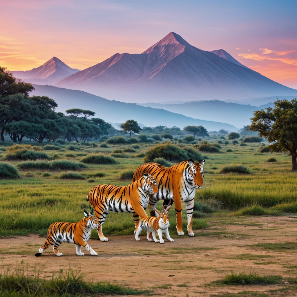 Generate cartoon pictures,Sharp rabbit in front,Behind the rabbit on the left is the horse,Behind the rabbit is the tiger,Silver Dawn in the background ...Collapse