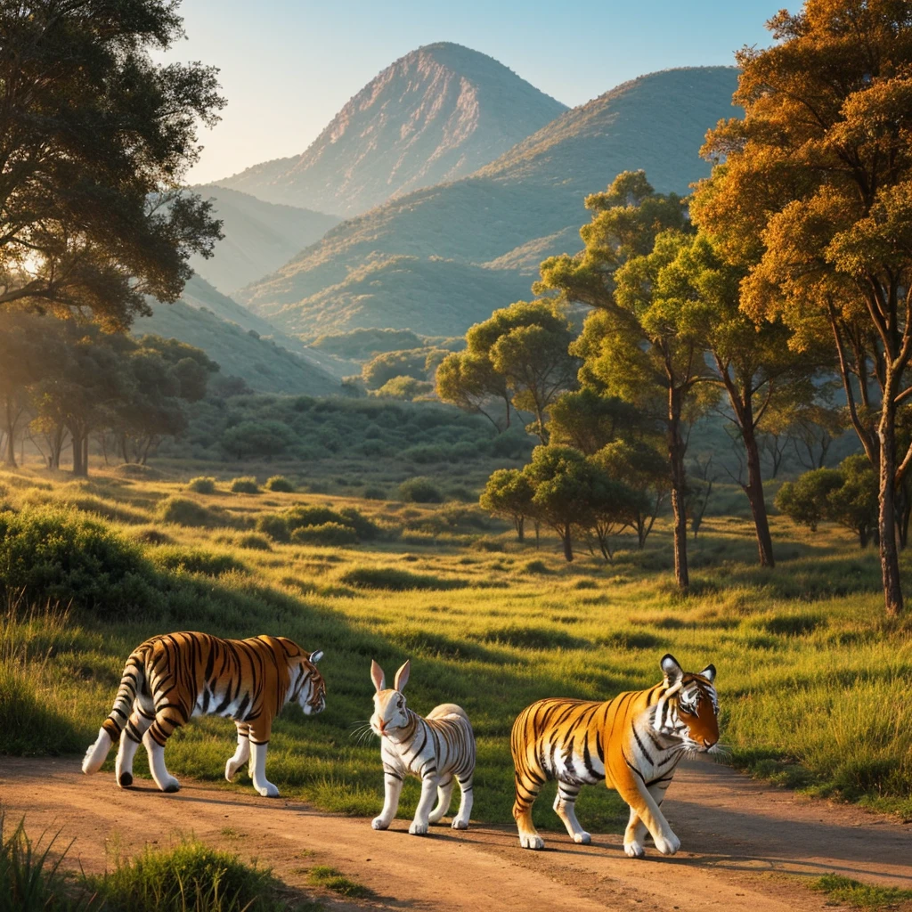 Generate cartoon pictures,Sharp rabbit in front,Behind the rabbit on the left is the horse,Behind the rabbit is the tiger,Silver Dawn in the background ...Collapse