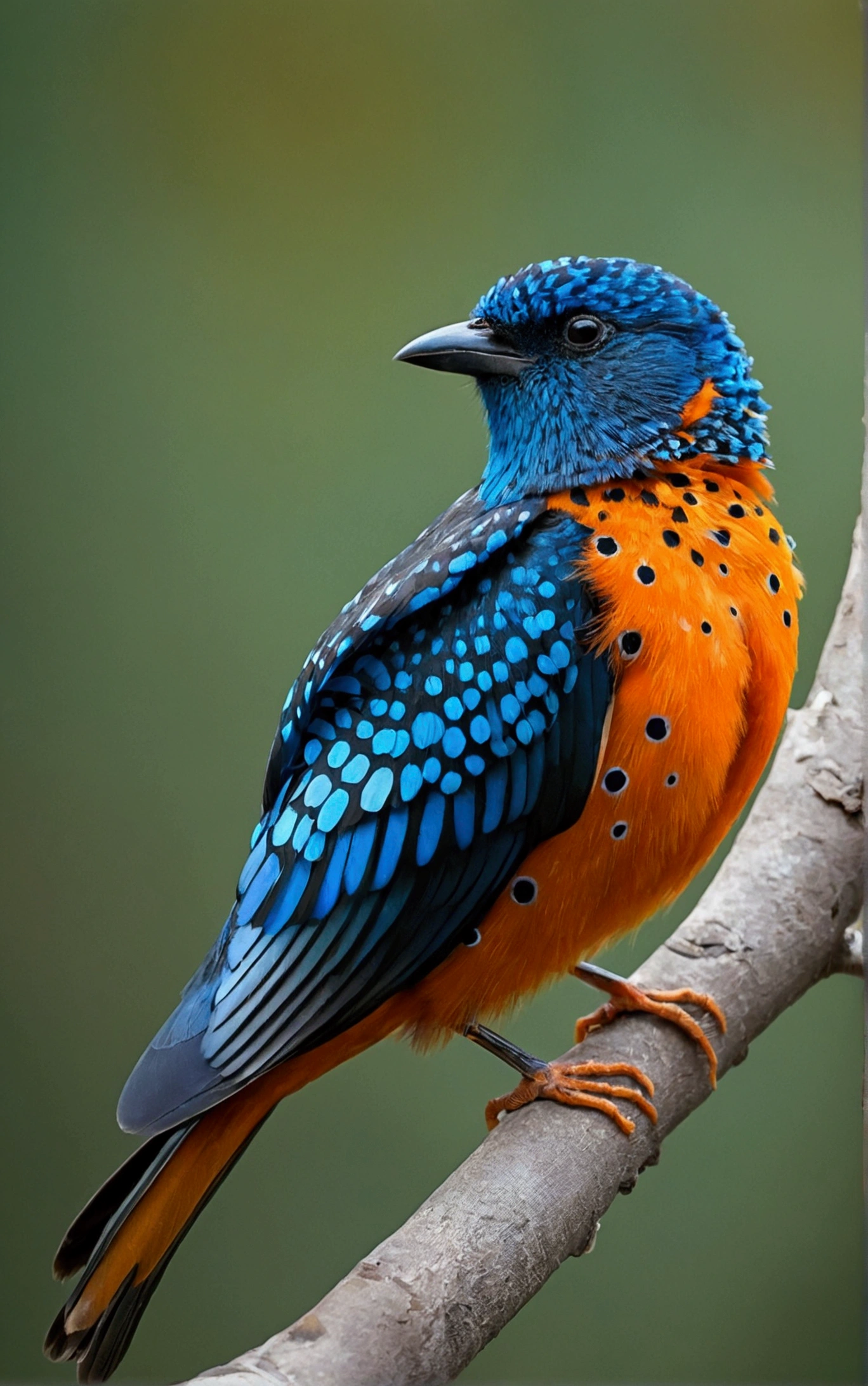 The image captures a vibrant bird perched on a branch, its wings spread wide, displaying a beautiful pattern of blue and orange spots.