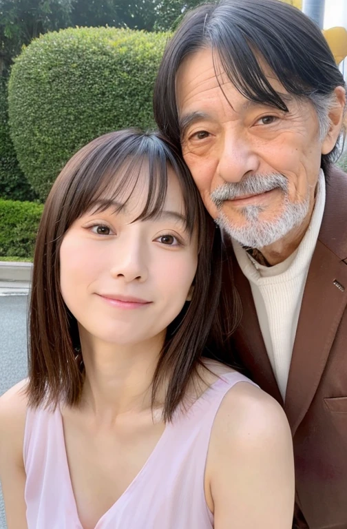 Highest quality、Masterpiece、Real Photo、Realistic、A 55-year-old Japanese woman cares for a 120-year-old man in a wheelchair、Smiling caregiver providing care、Sweat、Very detailed、Natural light、Short Hair、Detailed face and skin、Realistic eyes、Realistic hands