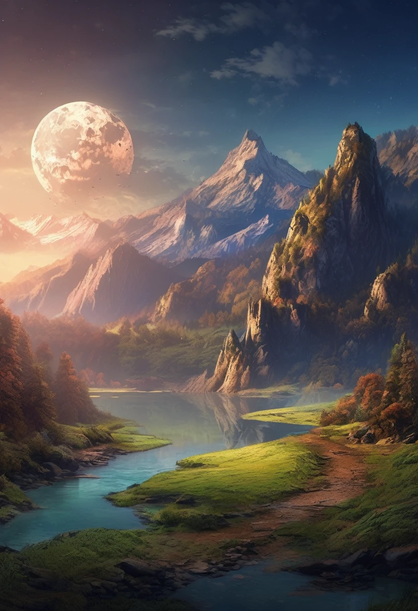 mountains with a river in the foreground and a full moon in the sky, 4k highly detailed digital art, 8k stunning artwork, 4k detailed digital art, beautiful art uhd 4 k, epic dreamlike fantasy landscape, impressive fantasy landscape, 8k high quality detailed art, digital art 8k, digital art 8 k, mystical fantasy landscape, amazing mobile wallpaper