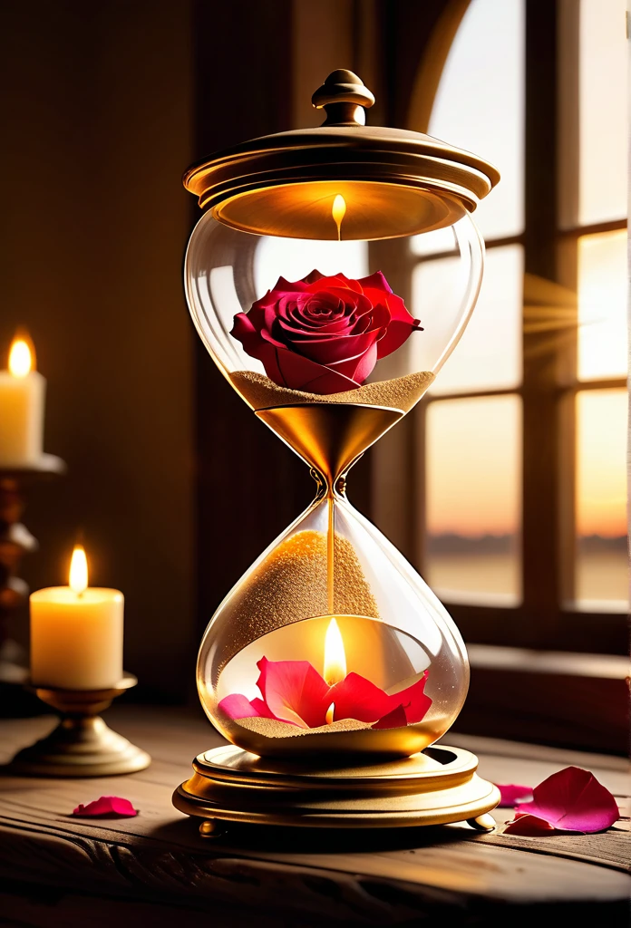 "A golden hourglass placed on an antique wooden table, with fine, glistening grains of sand slowly falling from one chamber to the next. Around the hourglass, there are scattered rose petals, an open pocket watch and a lit candle, creating a welcoming and nostalgic atmosphere. Ao fundo, a window lets in the soft evening light, highlighting the serenity and beauty of the moment."