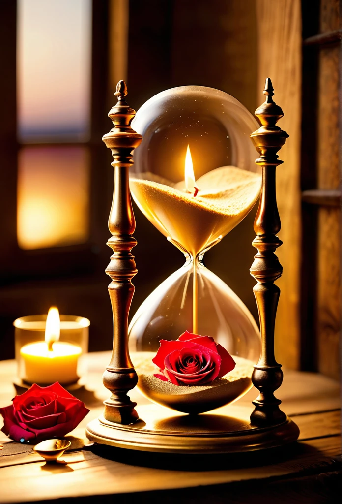 "A golden hourglass placed on an antique wooden table, with fine, glistening grains of sand slowly falling from one chamber to the next. Around the hourglass, there are scattered rose petals, an open pocket watch and a lit candle, creating a welcoming and nostalgic atmosphere. Ao fundo, a window lets in the soft evening light, highlighting the serenity and beauty of the moment."